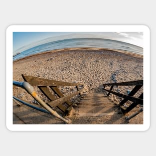 Fisheye view flooking dwon from the top of some wooden steps to Cromer beach Sticker